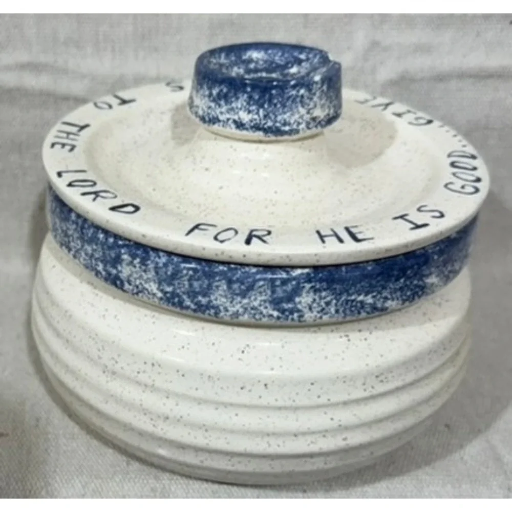 KW Studio Pottery Canister Give Thanks To The Lord Blue Cream Speckled 5x5